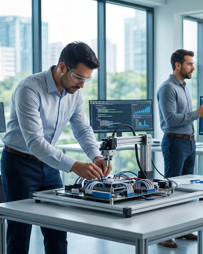 Equipo de AJ Systems & LAB ensamblando un prototipo de robótica junto a estaciones de desarrollo y equipos de laboratorio